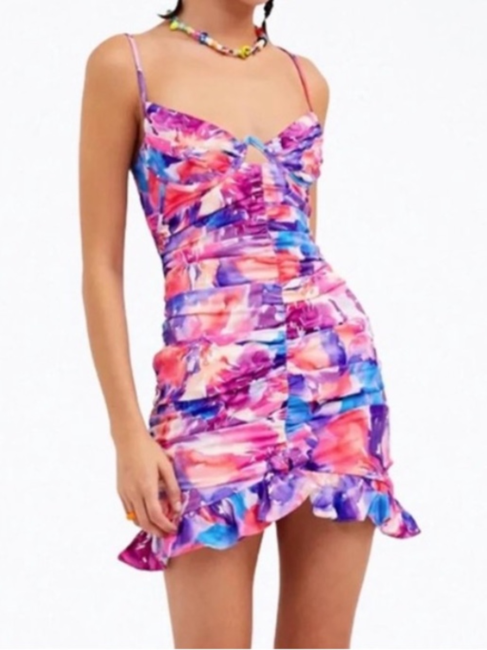 For Love And Lemons Pink Purple Blue Watercolor Ruched Mini Dress